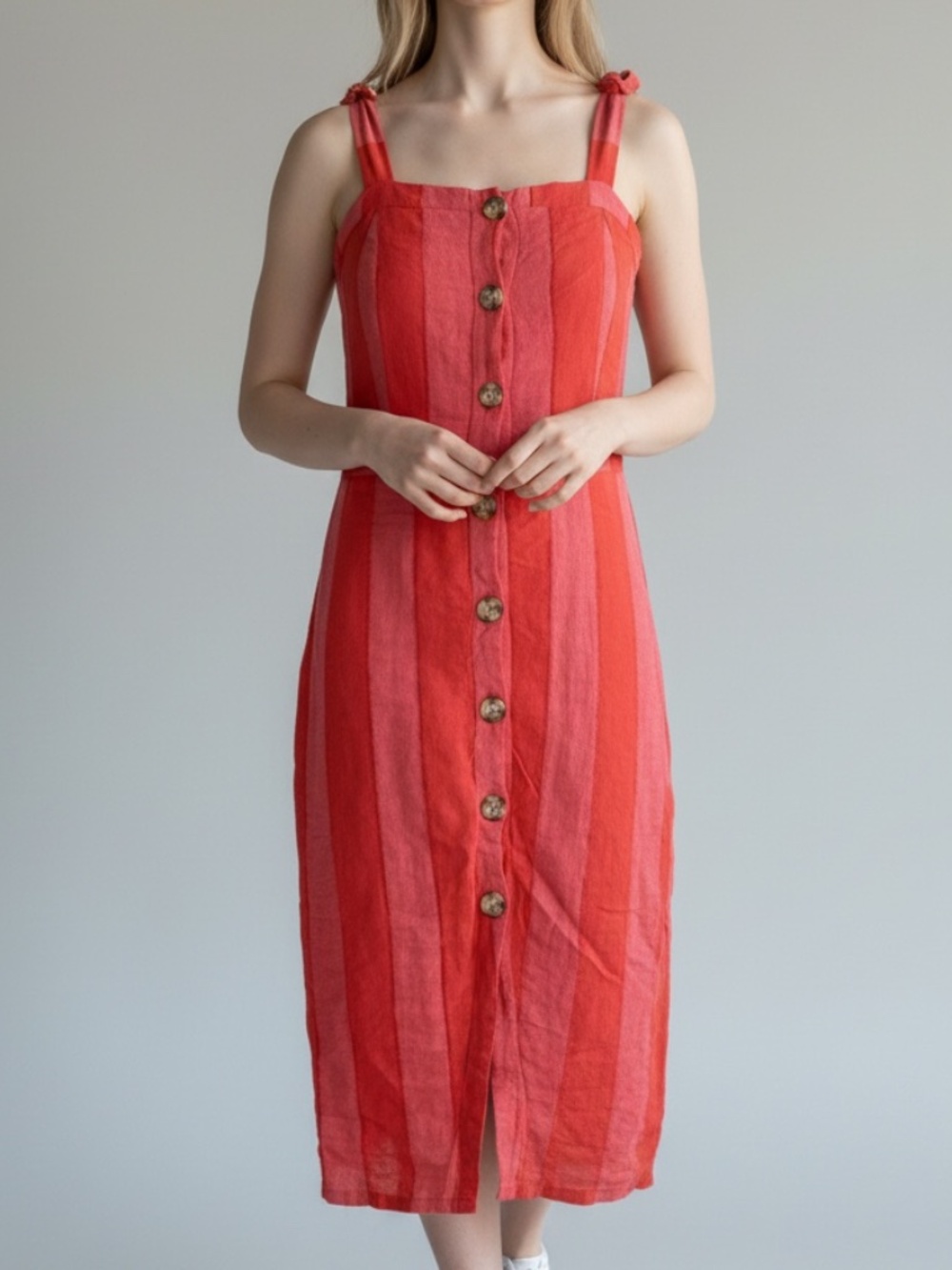 URBAN Romantics Coral Pink Striped Button Front Linen Blend Midi Dress Sz Large
